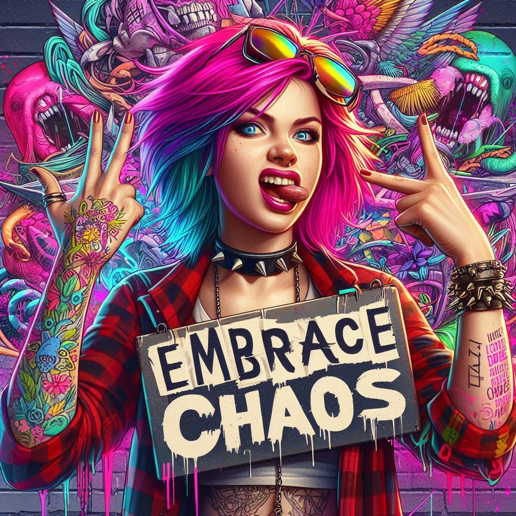 a woman holding a sign that says embrace chaos