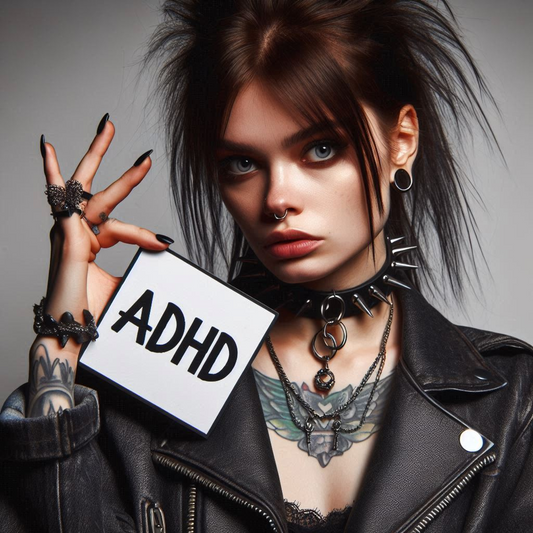 a woman holding a sign with the word adhd written on it