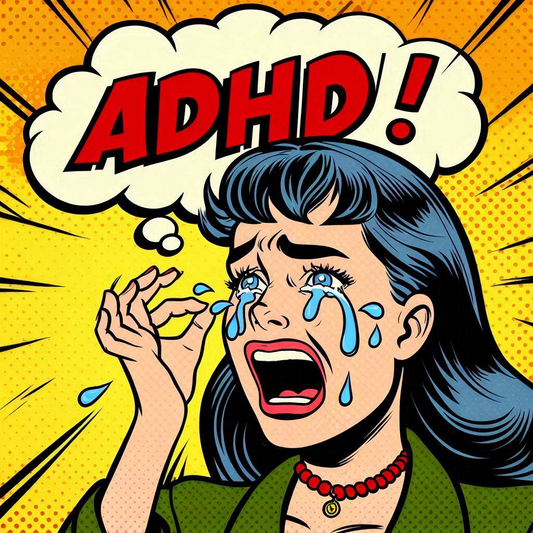 a woman crying with the word adhd above her head