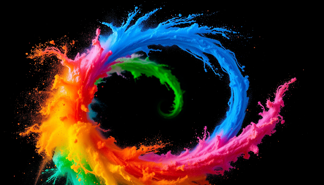 a colorful swirl of powder on a black background