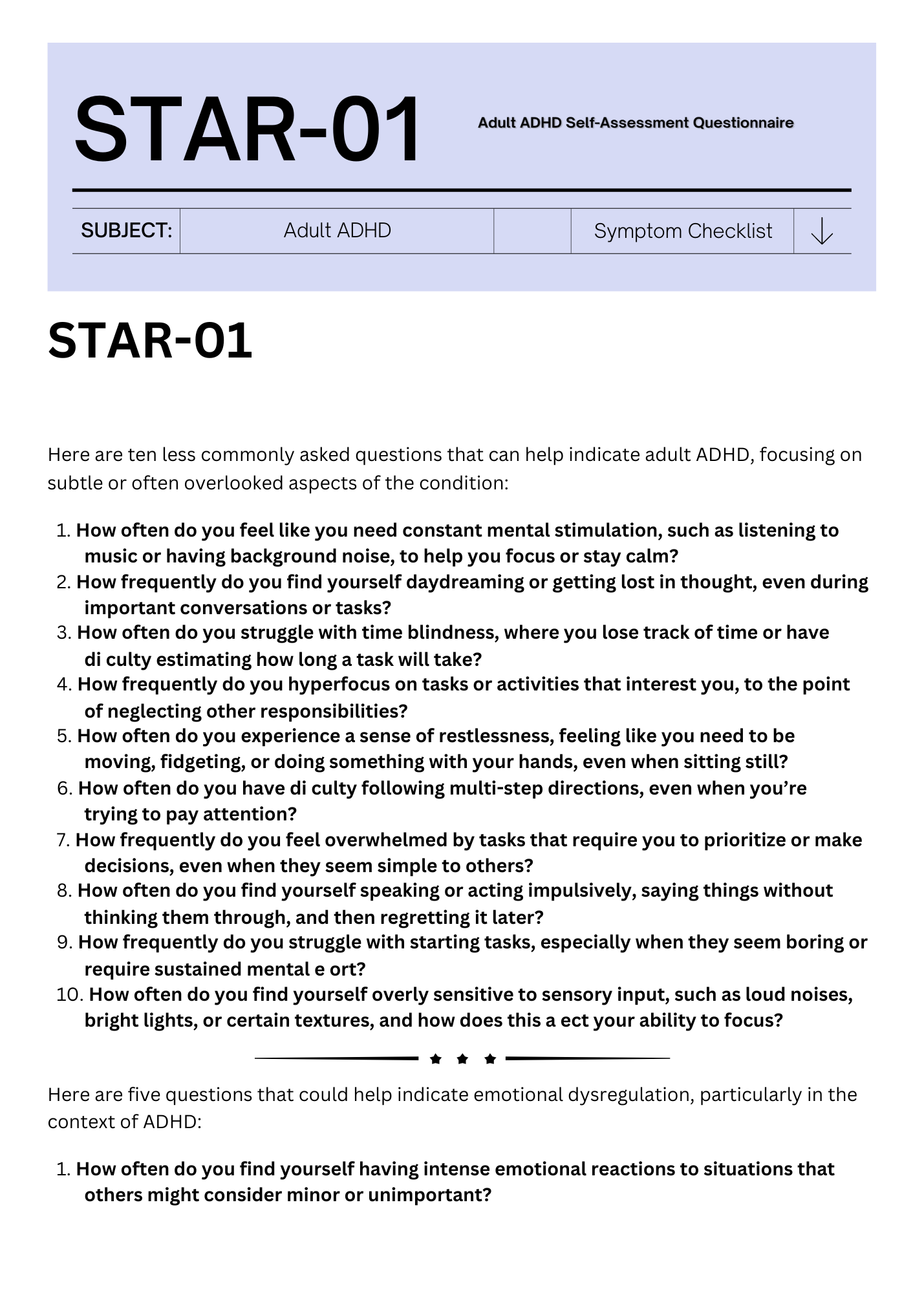 STAR-01 Adult ADHD Self-Report Questionnaire - Adult ADHD Organization - Kill the Star